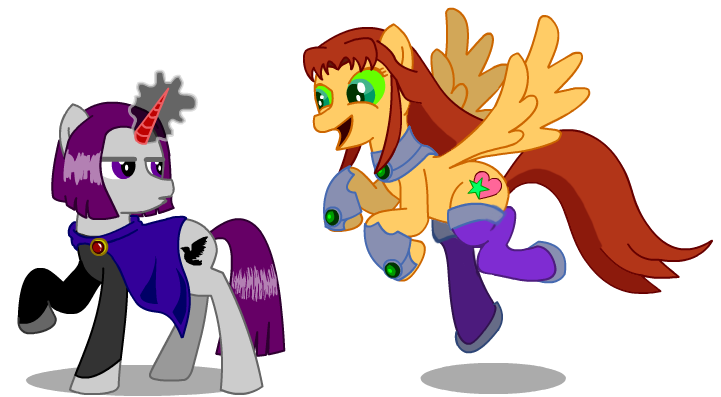 Size: 721x397 | Tagged: safe, artist:montecreations, derpibooru import, ponified, pegasus, pony, unicorn, clothes, female, mare, raven (teen titans), simple background, starfire, teen titans, transparent background