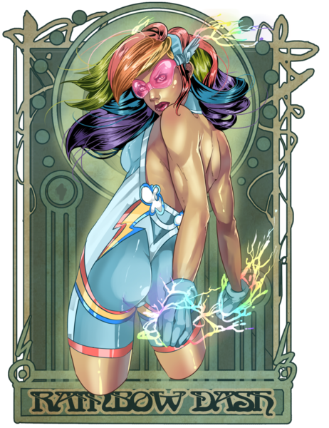 Size: 900x1168 | Tagged: abstract background, artist:raspbearyart, ass, backless, clothes, derpibooru import, female, gloves, goggles, human, humanized, looking back, magic, rainbow dash, safe, superhero, wedgie