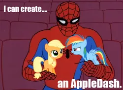Size: 544x400 | Tagged: safe, derpibooru import, applejack, rainbow dash, earth pony, pegasus, pony, 60s spider-man, appledash, crossover, female, filly, lesbian, male, meme, shipping, spider-man, with great power comes great shipping