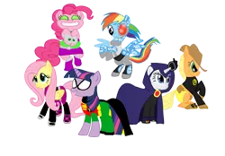 Size: 1006x700 | Tagged: safe, artist:pinkiedash, derpibooru import, applejack, fluttershy, pinkie pie, rainbow dash, rarity, twilight sparkle, earth pony, pegasus, pony, unicorn, beast boy, crossover, cyborg (teen titans), female, mane six, mare, raven (teen titans), robin, simple background, starfire, superhero, teen titans, terra (teen titans), transparent background