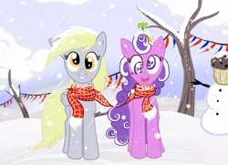 Size: 687x497 | Tagged: safe, artist:salkridgh, derpibooru import, derpy hooves, screwball, earth pony, pegasus, pony, clothes, duo, female, mare, muffin, open mouth, paint tool sai, scarf, shared clothing, shared scarf, smiling, snow, snowfall, snowman, winter
