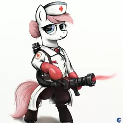 Size: 900x900 | Tagged: artist needed, source needed, safe, derpibooru import, nurse redheart, earth pony, pony, bipedal, clothes, female, mare, medic, solo, team fortress 2