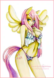 Size: 800x1166 | Tagged: anthro, artist:shugarsketch, blue underwear, bra, breasts, busty fluttershy, cleavage, clothes, derpibooru import, female, flower pattern underwear, fluttershy, frilly underwear, human facial structure, lingerie, panties, ribbon, solo, solo female, suggestive, underwear