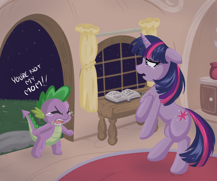 Size: 1024x853 | Tagged: safe, artist:bamboodog, derpibooru import, spike, twilight sparkle, dragon, pony, unicorn, crying, feels, female, fight, floppy ears, harsher in hindsight, hilarious in hindsight, male, mama twilight, mare, night, rearing, sad, truth