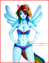 Size: 800x1023 | Tagged: anthro, armpits, artist:shugarsketch, belly button, blue underwear, bra, breasts, clothes, derpibooru import, female, human facial structure, looking at you, nipples, panties, rainbow dash, solo, solo female, suggestive, underwear