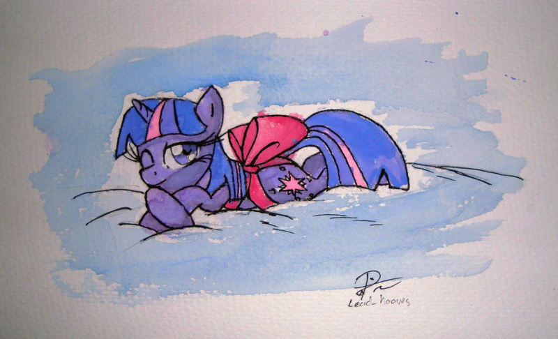 Size: 2556x1554 | Tagged: safe, artist:leadhooves, derpibooru import, twilight sparkle, pony, unicorn, bow, female, looking at you, mare, on stomach, one eye closed, photoshop, prone, ribbon, smiling, solo, sultry pose, traditional art, unicorn twilight, wallpaper, wink