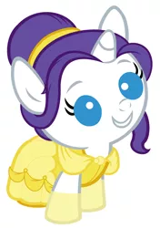 Size: 1800x2560 | Tagged: safe, artist:beavernator, derpibooru import, rarity, pony, unicorn, babity, baby, baby pony, beauty and the beast, belle, clothes, cosplay, disney princess, dress, female, filly, foal, simple background, solo, white background