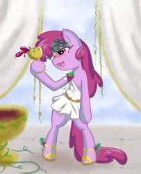 Size: 867x1066 | Tagged: safe, artist:bamboodog, derpibooru import, berry punch, berryshine, earth pony, pony, alcohol, bacchus, bipedal, classical, clothes, dionysus, drunk, female, grapes, greek, hoof hold, laurel wreath, mare, roman, sandals, shoes, solo, toga, tunic, vine, wine