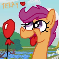 Size: 400x400 | Tagged: safe, artist:putuk, derpibooru import, scootaloo, pegasus, pony, balloon, colorer:unknown, female, filly, solo, terry, tongue out