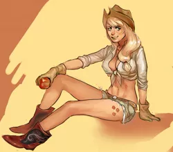 Size: 1461x1281 | Tagged: apple, applejack, applejack's hat, artist:sniikt, belly button, boots, breasts, busty applejack, cleavage, clothes, cowboy boots, cowboy hat, cutie mark on human, daisy dukes, derpibooru import, female, front knot midriff, gloves, hat, human, humanized, midriff, no more ponies at source, obligatory apple, safe, sitting, solo
