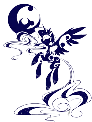 Size: 1200x1600 | Tagged: safe, artist:bamboodog, derpibooru import, princess luna, alicorn, pony, female, flying, hooves, horn, mare, minimalist, modern art, moon, simple background, solo, spread wings, transparent background, wings