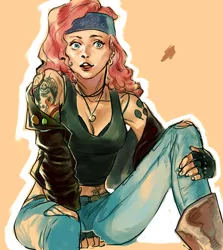 Size: 1069x1200 | Tagged: artist:sniikt, bandana, clothes, derpibooru import, ear piercing, earring, fashion, female, fingerless gloves, gloves, headband, human, humanized, jewelry, metal, no more ponies at source, piercing, pinkie pie, safe, sitting, solo, tattoo