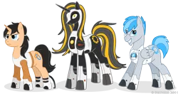 Size: 1000x526 | Tagged: safe, artist:delthero, derpibooru import, ponified, pegasus, pony, unicorn, chell, delthero, glados, long fall horseshoe, personality core, portal (valve), simple background, transparent background, wheatley