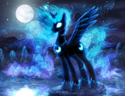 Size: 1000x769 | Tagged: safe, artist:delthero, derpibooru import, nightmare moon, princess luna, alicorn, pony, canterlot, crown, ethereal mane, female, glow, glowing cutie mark, glowing eyes, hoof shoes, jewelry, mare, moon, night, peytral, regalia, solo, spread wings, standing, stars, water, wings