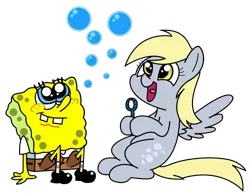 Size: 939x735 | Tagged: safe, artist:kukimao, deleted from derpibooru, derpibooru import, derpy hooves, pegasus, pony, bubble, crossover, female, image, male, mare, png, simple background, soap bubble, spongebob squarepants, spongebob squarepants (character), transparent background