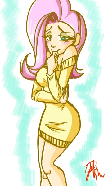 Size: 580x1000 | Tagged: artist:jentiful, bedroom eyes, blushing, bottomless, breasts, clothes, derpibooru import, female, fluttershy, human, humanized, off shoulder, safe, solo, sweater, sweater dress, sweatershy