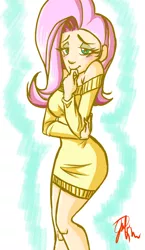 Size: 580x1000 | Tagged: artist:jentiful, bedroom eyes, blushing, bottomless, breasts, clothes, derpibooru import, female, fluttershy, human, humanized, off shoulder, safe, solo, sweater, sweater dress, sweatershy