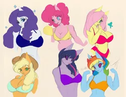 Size: 900x693 | Tagged: anthro, applejack, artist:neme303, belly button, blue underwear, bra, breasts, busty applejack, busty fluttershy, busty pinkie pie, busty rainbow dash, busty rarity, busty twilight sparkle, cleavage, clothes, derpibooru import, female, fluttershy, green underwear, mane six, orange underwear, pinkie pie, purple underwear, rainbow dash, rainbuff dash, rarity, red underwear, ribbon, safe, sports bra, twilight sparkle, underwear, yellow underwear