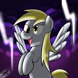 Size: 800x800 | Tagged: safe, artist:chir-miru, derpibooru import, derpy hooves, pegasus, pony, cloud, female, lightning, mare, rearing, solo