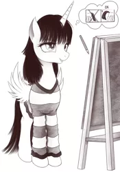 Size: 1400x2000 | Tagged: safe, artist:rainbow, derpibooru import, oc, oc:fausticorn, ponified, unofficial characters only, alicorn, pony, alicorn oc, clothes, drawing, easel, female, lauren faust, mare, monochrome, pencil, solo