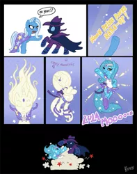 Size: 587x744 | Tagged: safe, artist:kiguren, derpibooru import, mare do well, trixie, pony, unicorn, ball of violence, clothes, comic, female, fight, leotard, magical girl, mare, parody, sailor moon, transformation, transformation sequence