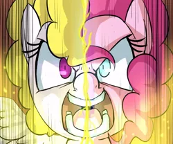 Size: 600x500 | Tagged: safe, artist:uc77, derpibooru import, pinkie pie, surprise, earth pony, pegasus, pony, angry, close-up, duality, epic, female, fight, g1, g1 to g4, generation leap, hotblooded pinkie pie, mare, super saiyan
