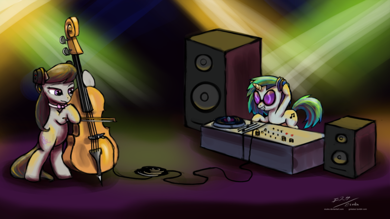 Size: 1920x1080 | Tagged: safe, artist:esuka, derpibooru import, octavia melody, vinyl scratch, earth pony, pony, unicorn, bipedal, bowtie, cello, duo, duo female, female, glasses, hilarious in hindsight, mare, music, musical instrument, photoshop, standing, wallpaper