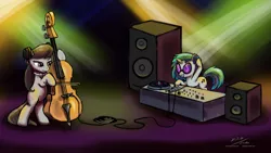 Size: 1920x1080 | Tagged: safe, artist:esuka, derpibooru import, octavia melody, vinyl scratch, earth pony, pony, unicorn, bipedal, bowtie, cello, duo, duo female, female, glasses, hilarious in hindsight, mare, music, musical instrument, photoshop, standing, wallpaper