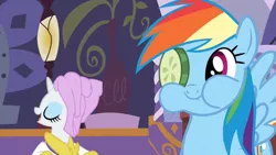 Size: 1600x900 | Tagged: safe, derpibooru import, screencap, rainbow dash, rarity, pegasus, pony, unicorn, ponyville confidential, bathrobe, clothes, cucumber, cucumber monocle, cucumber pirate, cute, duo, eating, faic, female, mare, puffy cheeks, rainbow dash is best facemaker, robe, spa, towel