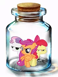 Size: 600x800 | Tagged: artist needed, safe, derpibooru import, apple bloom, scootaloo, sweetie belle, earth pony, pegasus, pony, unicorn, bottle, cutie mark crusaders, female, filly, pony in a bottle
