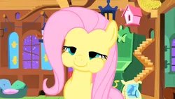 Size: 1600x900 | Tagged: safe, derpibooru import, screencap, fluttershy, pegasus, pony, stare master, cute, female, fluttershy's cottage, lidded eyes, mare, puffy cheeks, shyabetes, solo, swallow