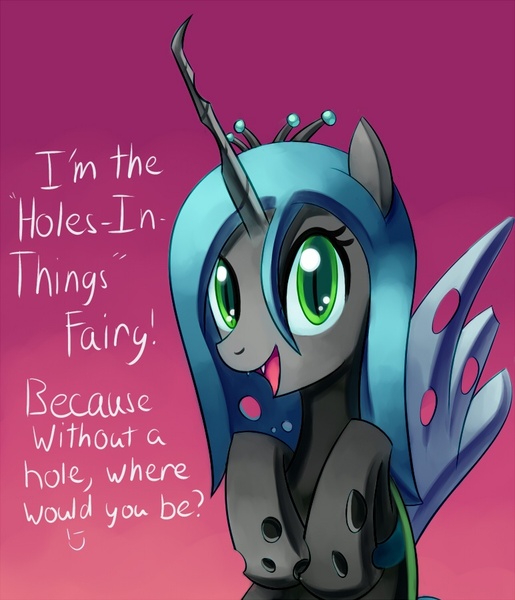 Size: 772x900 | Tagged: safe, artist:negativefox, derpibooru import, queen chrysalis, changeling, changeling queen, fairy, cute, cutealis, dialogue, female, gradient background, image, joke, jpeg, looking at you, open mouth, smiling, solo