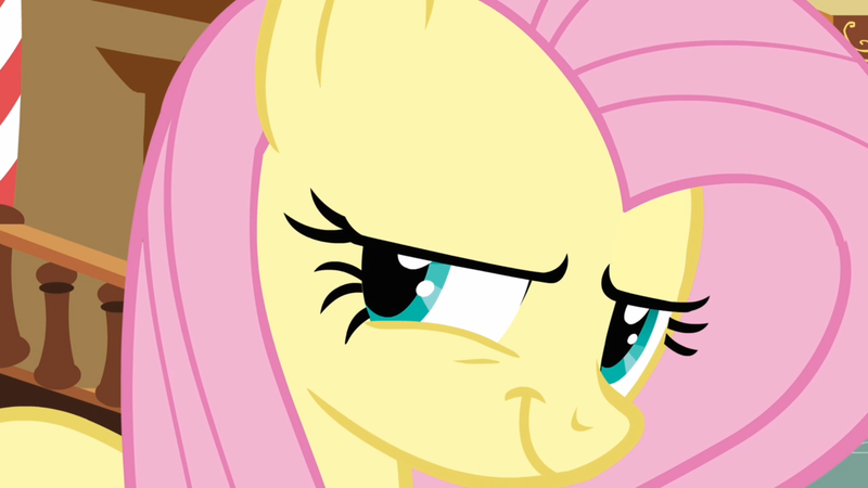 Size: 1600x900 | Tagged: safe, derpibooru import, screencap, fluttershy, pegasus, pony, putting your hoof down, devious, female, flutterbitch, grin, mare, new fluttershy, smiling, solo, sugarcube corner
