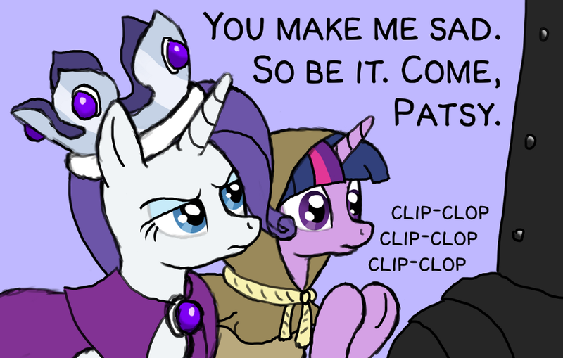 Size: 900x573 | Tagged: safe, artist:arrkhal, derpibooru import, clover the clever, princess platinum, rarity, twilight sparkle, pony, unicorn, black knight, clapping, coconut, crossover, female, frown, king arthur, mare, monty python, monty python and the holy grail, patsy, smiling, trio