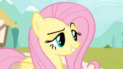 Size: 1600x900 | Tagged: safe, derpibooru import, screencap, fluttershy, pegasus, pony, putting your hoof down, dreamworks face, female, mare, new fluttershy, raised eyebrow, satisfied, smug, solo, trollface