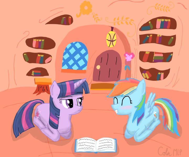 Size: 900x749 | Tagged: safe, artist:colinmlp, derpibooru import, rainbow dash, twilight sparkle, pegasus, pony, unicorn, book, female, golden oaks library, lesbian, library, mare, prone, shipping, twidash