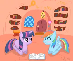 Size: 900x749 | Tagged: safe, artist:colinmlp, derpibooru import, rainbow dash, twilight sparkle, pegasus, pony, unicorn, book, female, golden oaks library, lesbian, library, mare, prone, shipping, twidash