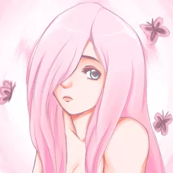 Size: 1000x1000 | Tagged: artist:totalutterchaos2, bare shoulders, breasts, cute, derpibooru import, female, fluttershy, hair over one eye, human, humanized, solo, solo female, suggestive