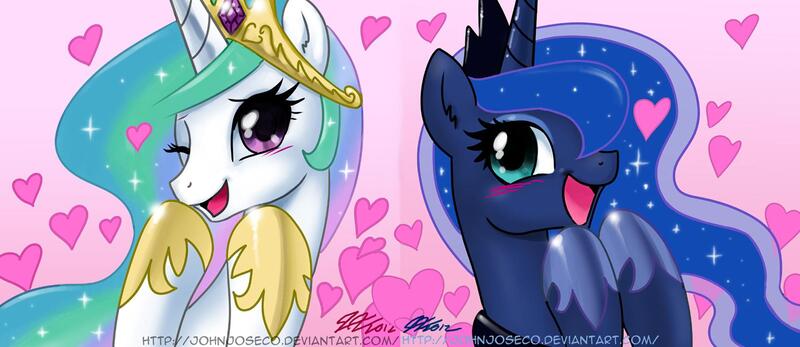 Size: 1980x859 | Tagged: source needed, safe, artist:johnjoseco, derpibooru import, princess celestia, princess luna, alicorn, pony, blushing, cute, cutelestia, duo, female, heart, looking at you, lunabetes, mare, open mouth, signature, sisters, smiling, tons of hearts, wallpaper, wink