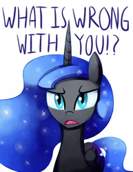 Size: 618x800 | Tagged: safe, artist:negativefox, derpibooru import, nightmare moon, alicorn, pony, bronybait, disgusted, female, looking at you, mare, question, simple background, solo, talking, talking to viewer, tsundere, tsundere moon, white background