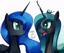 Size: 900x748 | Tagged: safe, artist:negativefox, derpibooru import, nightmare moon, queen chrysalis, alicorn, changeling, changeling queen, pony, chrysmoon, dialogue, eye contact, female, image, jpeg, lesbian, looking at each other, mare, open mouth, profile, shipping, simple background, tsundere moon, white background