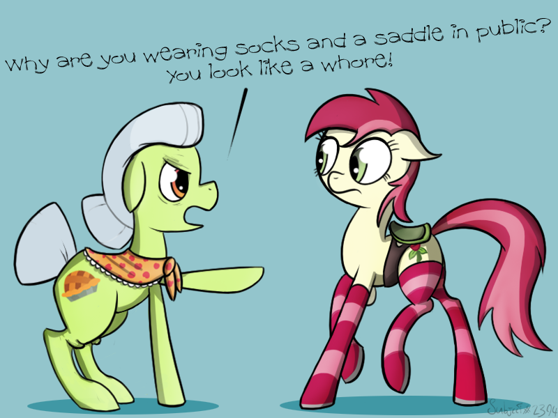Size: 800x600 | Tagged: safe, artist:subjectnumber2394, derpibooru import, granny smith, roseluck, earth pony, pony, clothes, dialogue, female, frown, granny bitch, mare, pointing, saddle, simple background, sock, socks, striped socks, vulgar