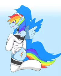 Size: 893x1110 | Tagged: anatomically incorrect, anthro, arm hooves, artist needed, clothes, crying, derpibooru import, female, incorrect leg anatomy, maid, pixiv, rainbow dash, solo, spread wings, suggestive, sweat, unguligrade anthro, wingboner, wings