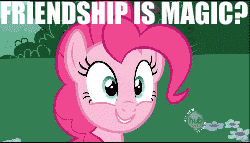 Size: 250x143 | Tagged: safe, derpibooru import, edit, edited screencap, screencap, pinkie pie, earth pony, pony, baby cakes, animated, caption, eye shimmer, female, frown, gif, hub logo, image macro, looking at you, mare, meme, open mouth, reaction image, smiling, solo