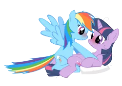 Size: 1450x1025 | Tagged: safe, artist:oceanbreezebrony, derpibooru import, rainbow dash, twilight sparkle, pegasus, pony, unicorn, blushing, eye contact, female, lesbian, looking at each other, love, mare, on back, shipping, simple background, transparent background, twidash