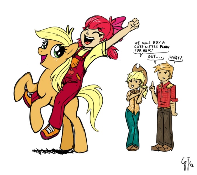 Size: 900x800 | Tagged: safe, artist:glancojusticar, derpibooru import, apple bloom, applejack, big macintosh, earth pony, human, pony, boots, clothes, cowboy boots, cowboy hat, cute, dialogue, female, happy, hat, hatless, human ponidox, humanized, humans riding ponies, jackabetes, looking back, male, mare, missing accessory, missing cutie mark, open mouth, overalls, pants, riding, self ponidox, shirt, shoes, simple background, smiling, sneakers, stetson, white background