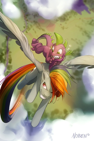 Size: 567x850 | Tagged: safe, artist:noben, derpibooru import, rainbow dash, spike, dragon, pegasus, pony, crying, dragons riding ponies, duo, female, flying, glare, grin, gritted teeth, hair pulling, male, mare, photoshop, riding, scared, signature, smiling, spread wings, vertigo, wide eyes