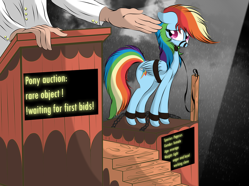 Size: 3072x2304 | Tagged: safe, artist:v-d-k, derpibooru import, rainbow dash, human, pegasus, pony, auction, bondage, bound wings, collar, crying, dashabuse, female, floppy ears, gag, high res, leash, living object, mare, muzzle gag, sad, shackles, slave, slave auction, slavery, spotlight