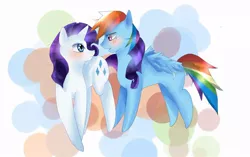 Size: 900x565 | Tagged: safe, artist:ao-no-comatose, derpibooru import, rainbow dash, rarity, pegasus, pony, unicorn, abstract background, blushing, eye contact, female, lesbian, looking at each other, mare, raridash, shipping