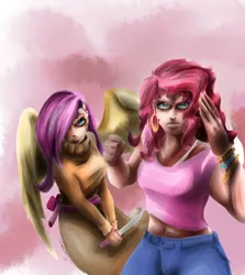 Size: 1068x1200 | Tagged: abstract background, artist:sundown, badass, belly button, clothes, derpibooru import, dress, duo, female, flutterbadass, fluttershy, human, humanized, knife, looking at you, martial arts, midriff, pinkie pie, safe, sweatershy, weapon, winged humanization, wings